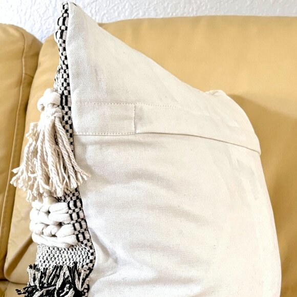 Contemporary Boho Woven Beige Dark Gray Tasseled Tufted 18" Throw Pillow Cover - Picture 4 of 5